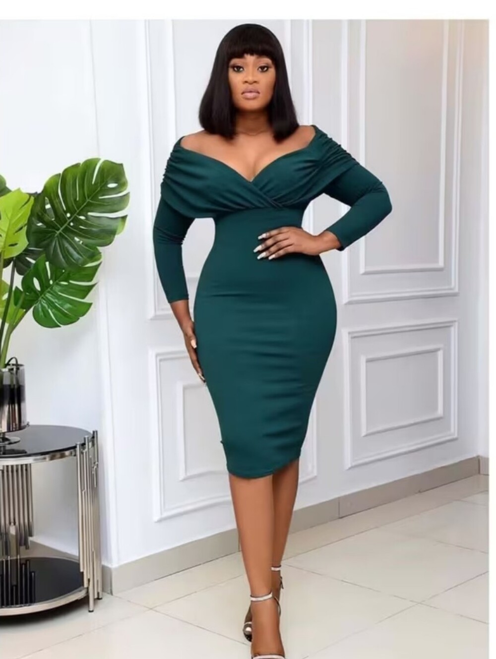 Off-Shoulder Bodycon Midi Dress - Deep Green
